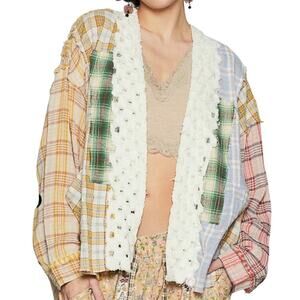 POL Patchwork Multicolor Plaid Open Front Shacket Womens M Cottagecore Trendy